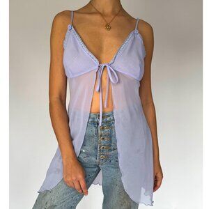 y2k vintage purple babydoll sheer see through tie up front cami slip tank top